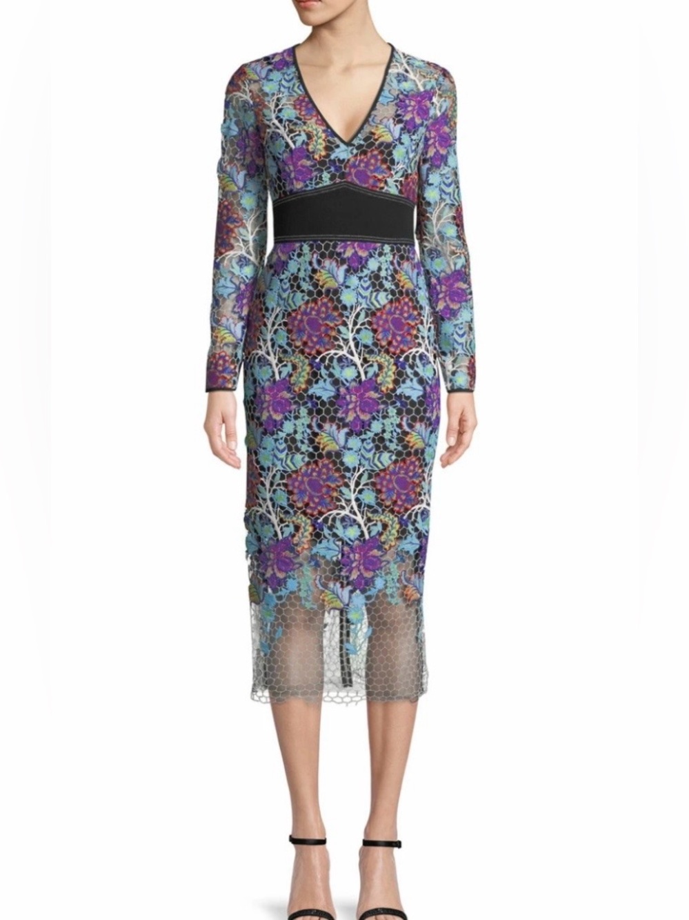 DIANE BON FURSTENBERG Floral Lace Midi Dress in Black and Multi